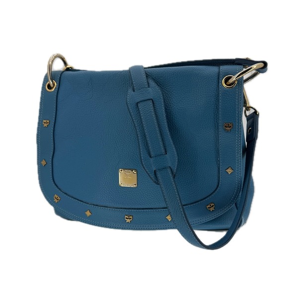 MCM Handbags - MCM Blue Pebbled Leather Studded Flap Crossbody Messenger Hobo Bag Gold Hardware